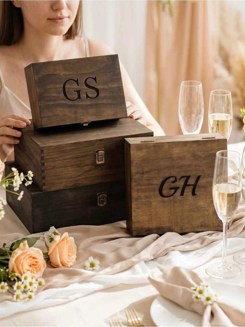 Personalized Wooden Keepsake Box Set in Rustic Brown